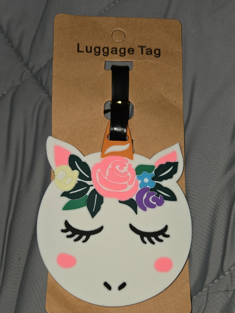 White Unicorn Face Luggage Tag with Pink Floral Detail